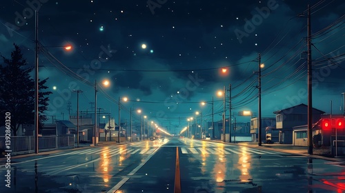 quiet wide road lit by glowing street lights in urban city at night offering calm scene for travel landscape and peaceful infrastructure imagery