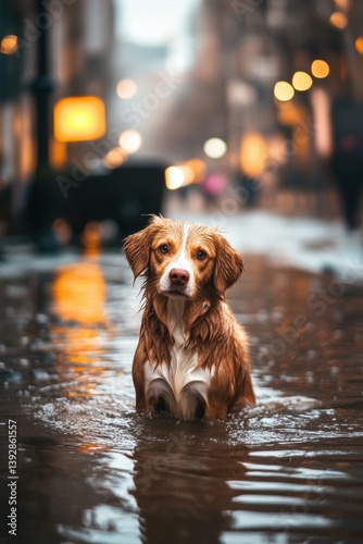 Pet in deep flood water. Devastating scene of flood disaster. Global climate change.