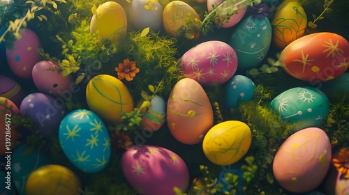 Colorful Easter Eggs Nestled in Moss