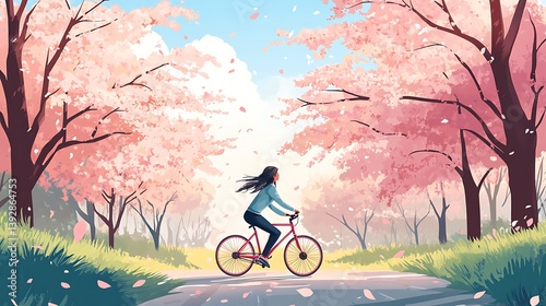 spring bicycle ride through flower filled park featuring woman cyclist surrounded by cherry blossoms in a peaceful and sunny nature setting