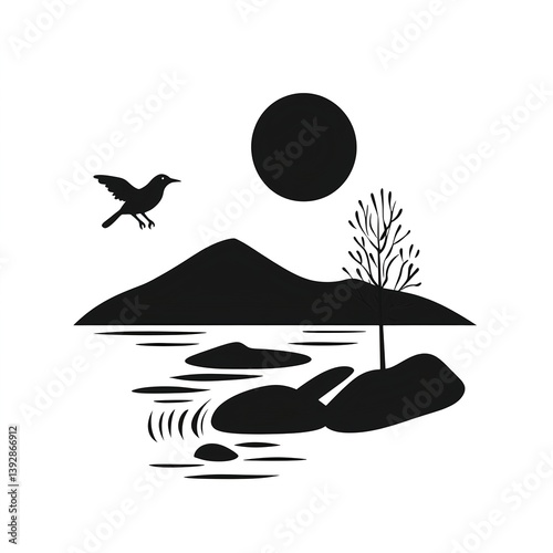 Simple icon silhouette of landscape with bird illustration in black on a white background