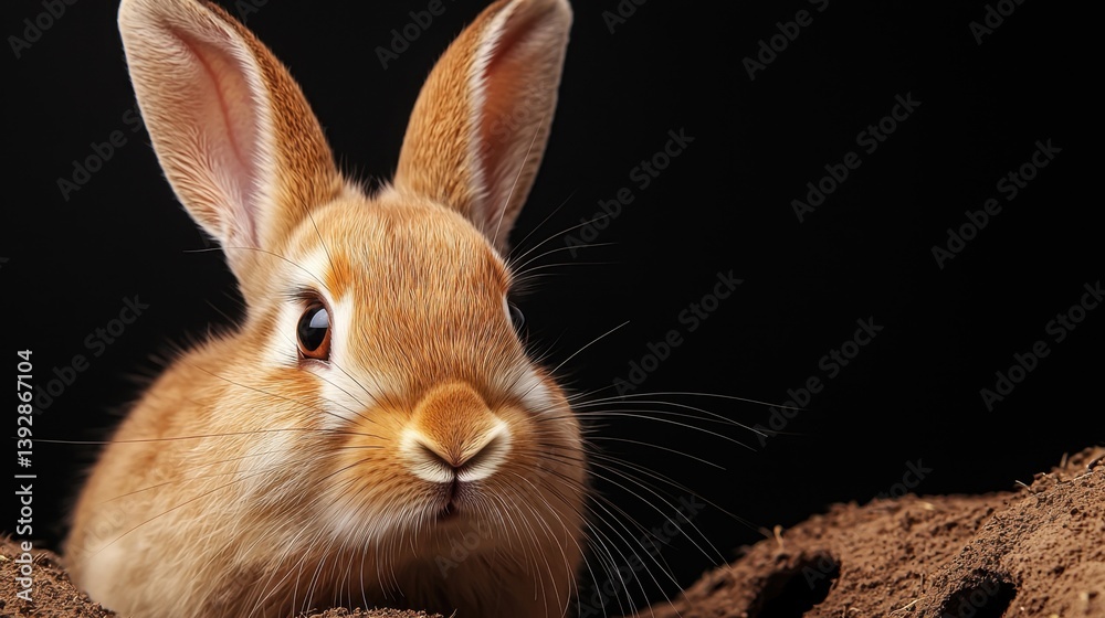 Obraz premium Rabbit Burrow Safety Concept, Cute Rabbit Observing from Burrow with Unique Network of Multiple Entrances in Natural Environment