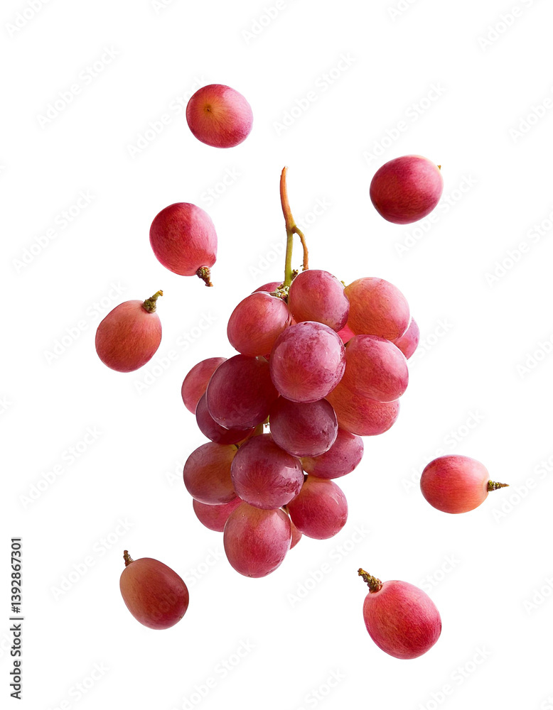 Obraz premium Bunch of fresh red grapes falling on transparent background