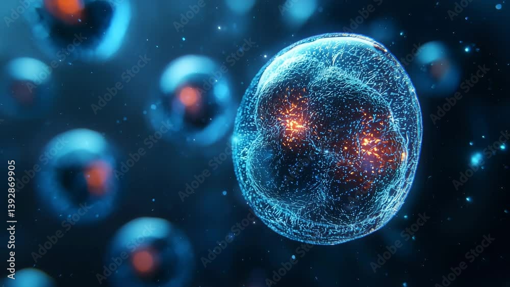 Microscopic View of Living Cells with Glowing Nuclei in Blue Environment Microscopic View of Living Cells with Glowing Nuclei in Blue Environment