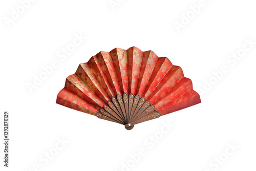 Elegant red folding fan with a traditional design on a white background.