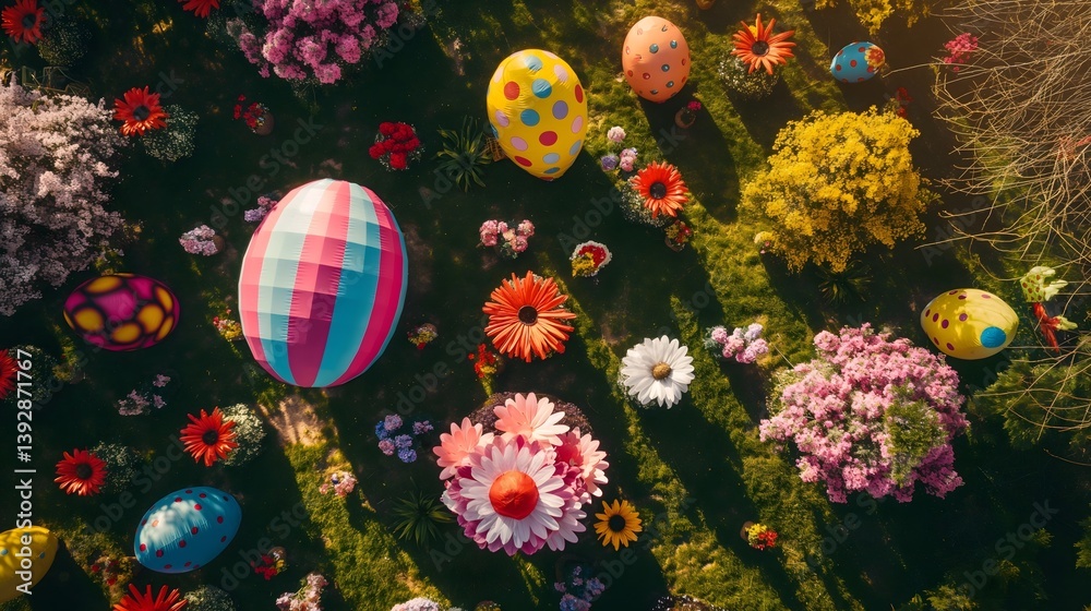 Colorful Easter Garden Decorated with Giant Eggs and Flowers