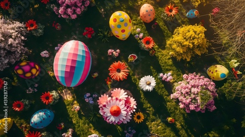 Obraz na płótnie Colorful Easter Garden Decorated with Giant Eggs and Flowers w salonie