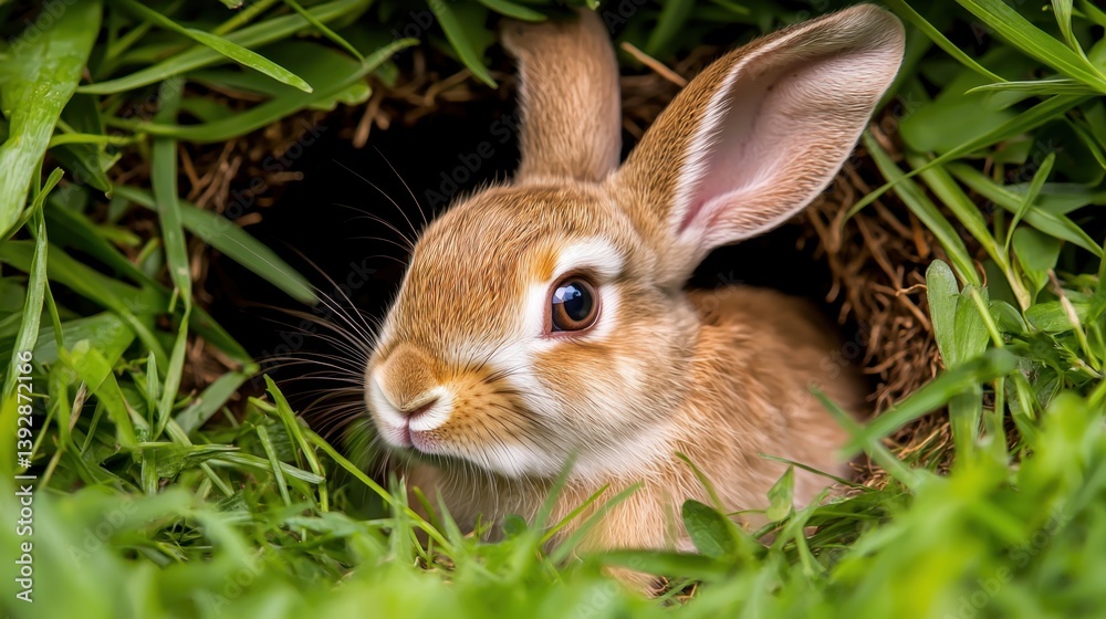 Fototapeta premium Rabbit Burrow Safety Concept, Curious Rabbit Peeking from Burrow Hidden Beneath Dense Grass in a Lush Green Environment
