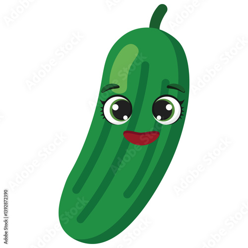 Happy green cucumber with big eyes and friendly smile, perfect for healthy eating concepts, food packaging, farming promotions, or educational materials