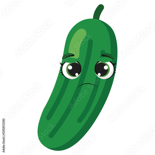 Sad green cucumber with expressive eyes and frown, perfect for health awareness materials, vegetable-themed content, or emotional kids illustrations