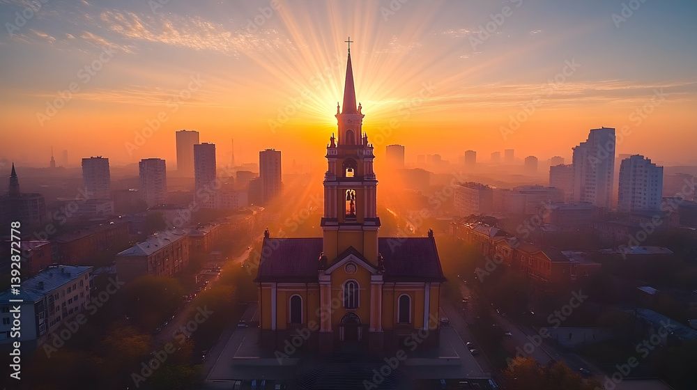 Naklejka premium Church at Sunrise Cityscape. Aerial View. Possible Stock Photo Use