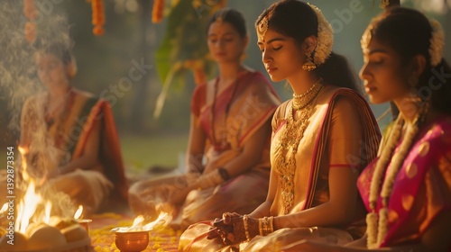 Obraz na płótnie Indian Women in Traditional Attire During a Ceremony w salonie