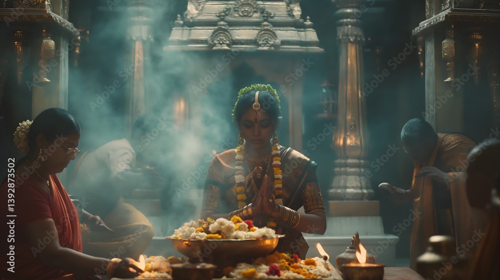 Indian Woman in Prayerful Pose During Religious Ceremony