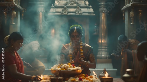 Obraz na płótnie Indian Woman in Prayerful Pose During Religious Ceremony w salonie