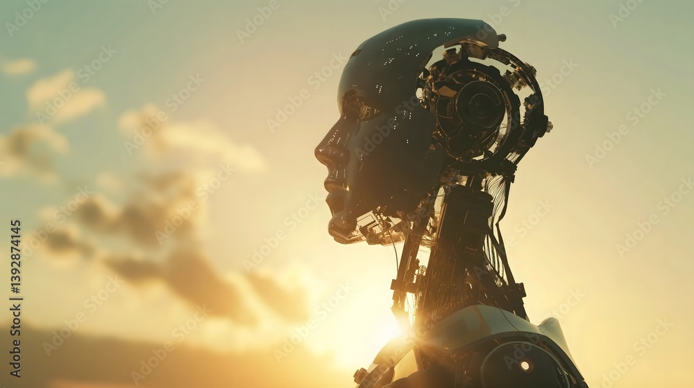 Futuristic Robot Head at Sunrise