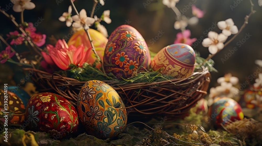 Hand-painted Easter Eggs in a Nest