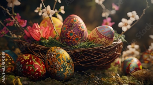 Obraz na płótnie Hand-painted Easter Eggs in a Nest w salonie