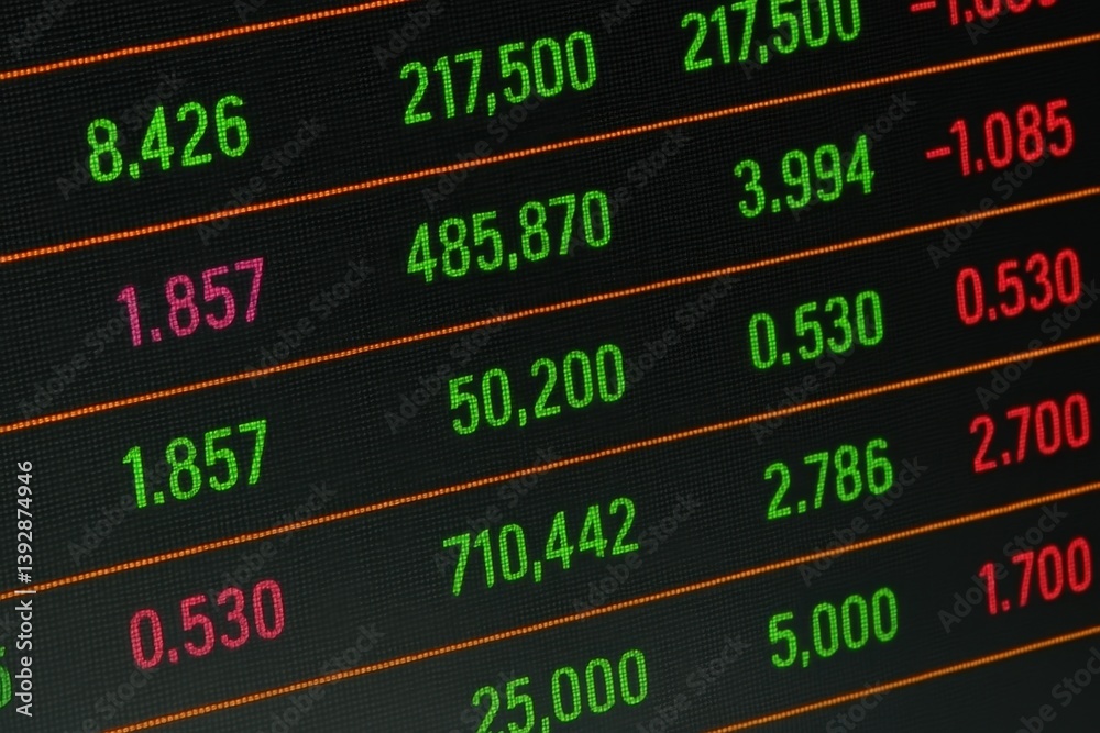 Stock market data displaying numbers changing on digital screen Stock market data displaying numbers changing on digital screen