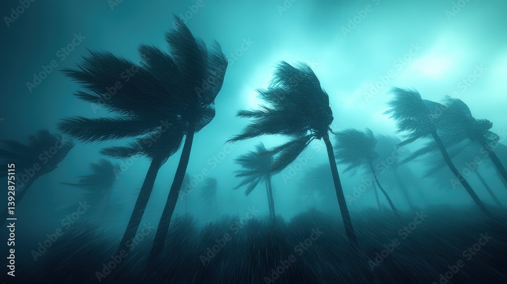 Coconut trees in strong wind in a hurricane storm.