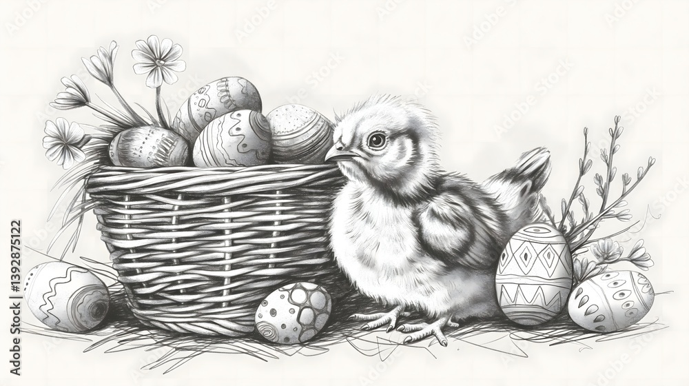 Easter Chick in Wicker Basket with Decorated Eggs