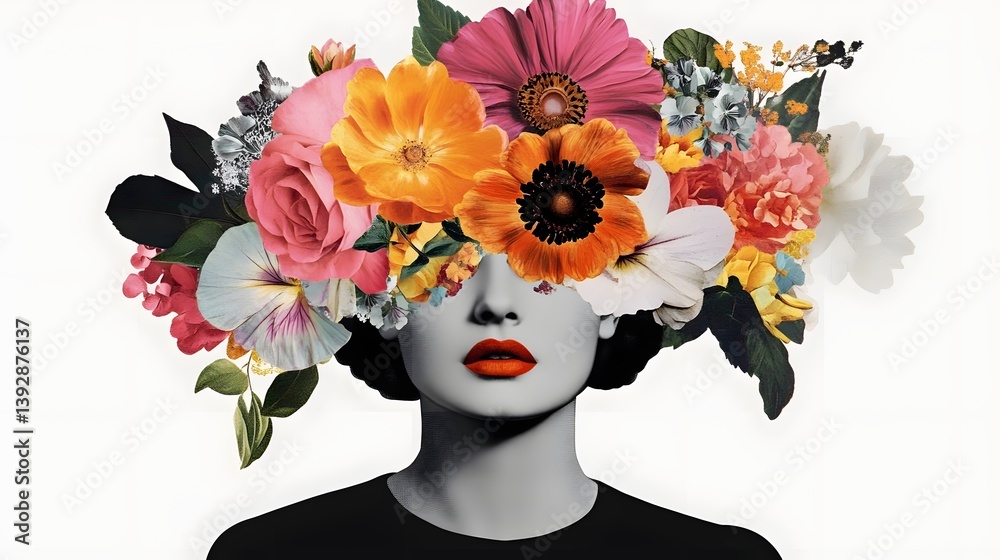 Surreal Retro-Style Floral Portrait with Grayscale Female Face