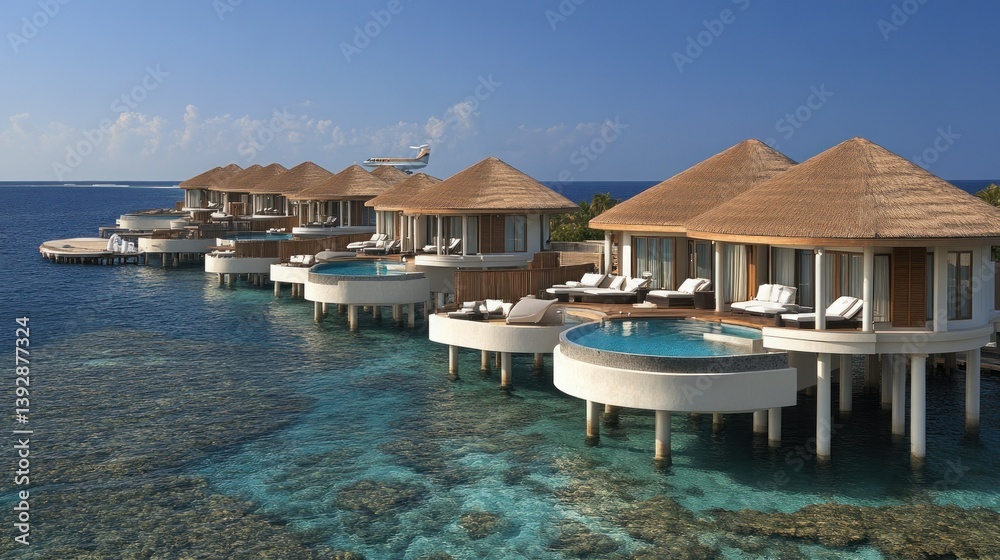 Obraz premium Overwater bungalows with private pools and ocean views.
