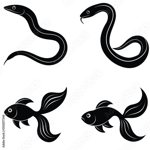 Cartoon vector set of sea animals featuring fish, snake, dragon, seahorse, and cobra, in a fun and colorful design inspired by nature and zodiac symbols