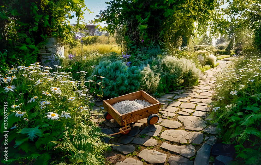 Little wooden cart in a garden Generated image