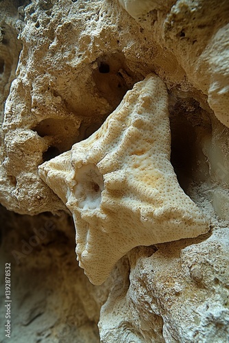 Close-up of a fossilized starfish embedded in a light beige rock.