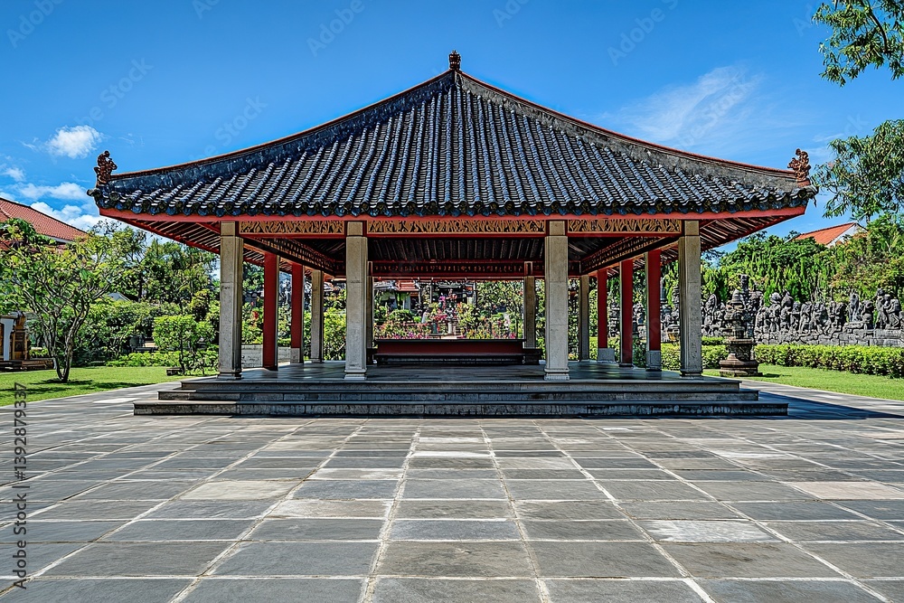 Photo of an elegant Javanese traditional pavilion with a black tile roof and red accents, Photo of an elegant Javanese traditional pavilion with a black tile roof and red accents,