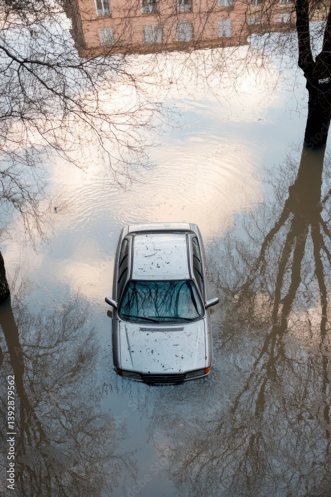 Aerial view of devastating scene of flood disaster. Global climate change.