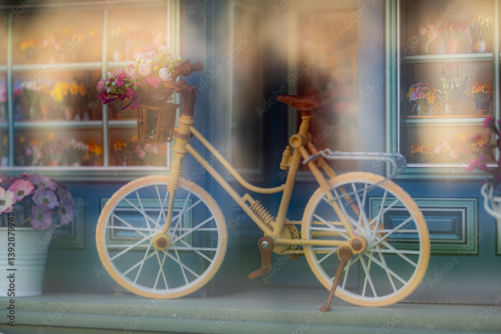 Closeup of bicycle decoration toy in the window