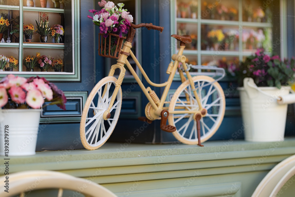 Closeup of bicycle decoration toy in the window