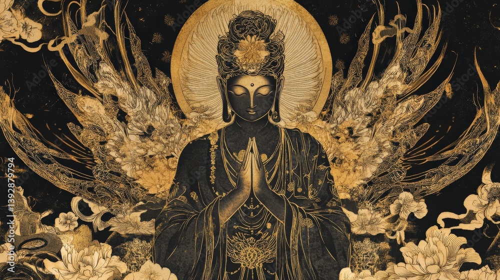 A serene depiction of a celestial being offering blessings, adorned with intricate patterns and golden accents A serene depiction of a celestial being offering blessings, adorned with intricate patterns and golden accents