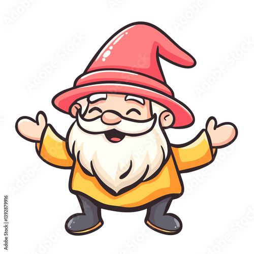Dancing wizard, happy gnome dwarf with beard in red hat with raised hands, hand drawn doodle cartoon character clip art, isolated simple vector illustration