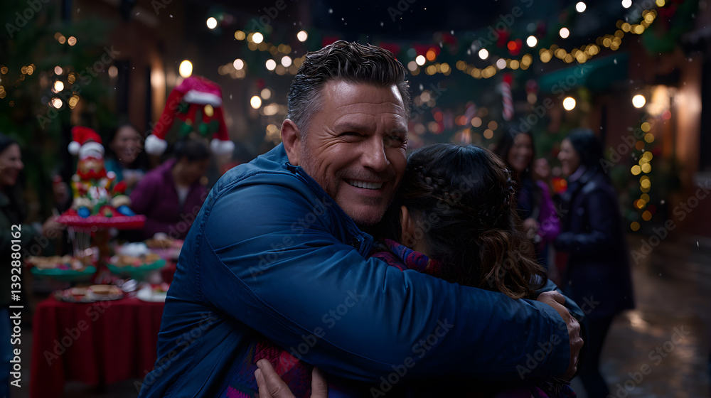 A man and a woman hug each other in a crowded room A man and a woman hug each other in a crowded room