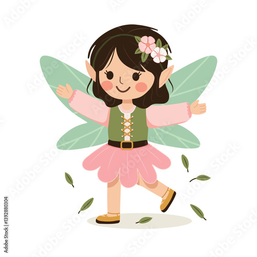 Cute forest fairy girl with wings on white background. Poster, Banner, Flyer, Greeting Card. Vector illustration in flat cartoon style