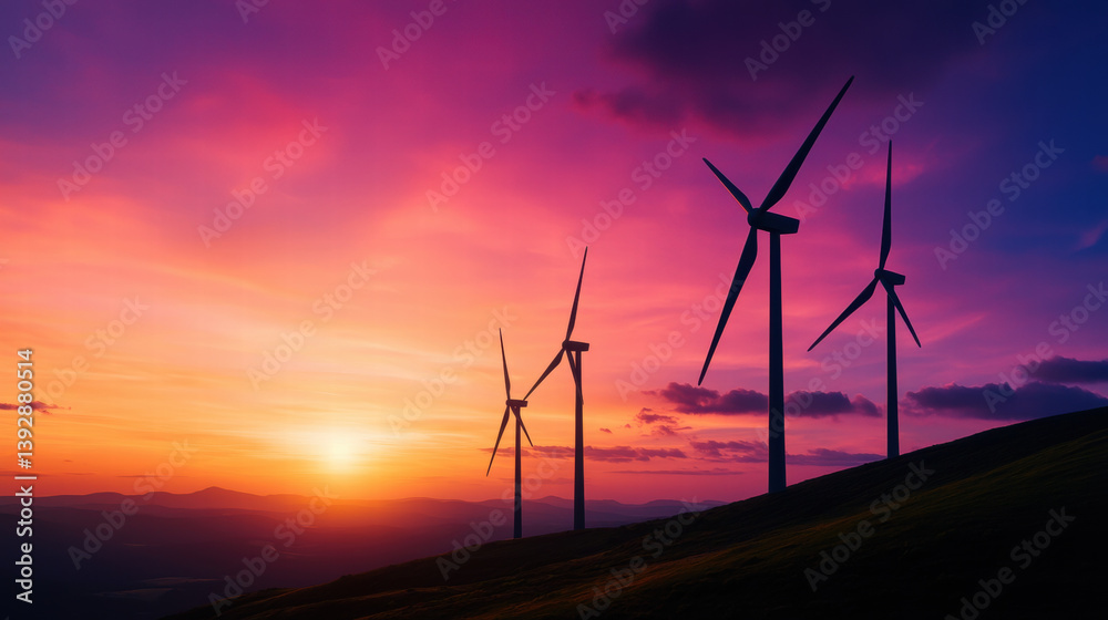 Obraz premium Breathtaking wind turbines stand tall against vibrant sunset sky on this beautiful earth day