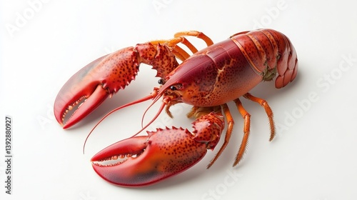 A vibrant red lobster with large claws rests against a neutral backdrop, showcasing its detailed texture and form