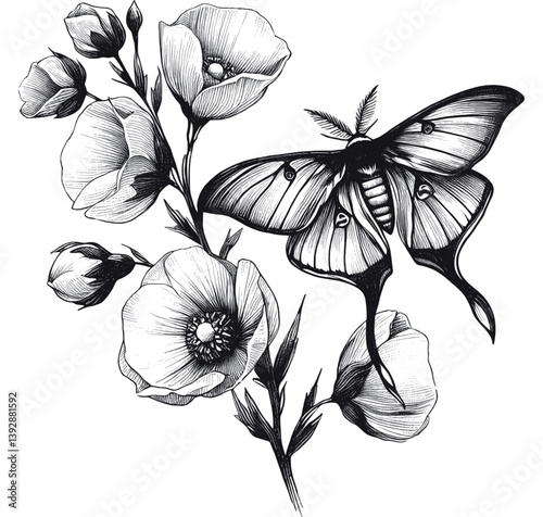 Luna Moth line art drawing ink sketch vector hand drawn illustration background