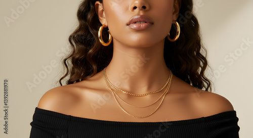 Woman wearing chunky gold hoop earrings and a layered gold chain necklace, set against a soft, neutral background with warm lighting that highlights the jewelry shine.