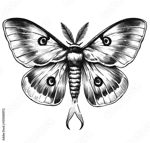 Luna Moth line art drawing ink sketch vector hand drawn illustration background