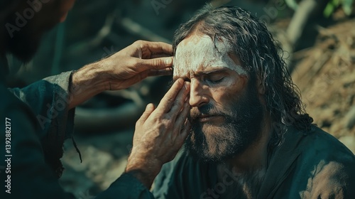 Jesus Christ healing with his hands blind man.