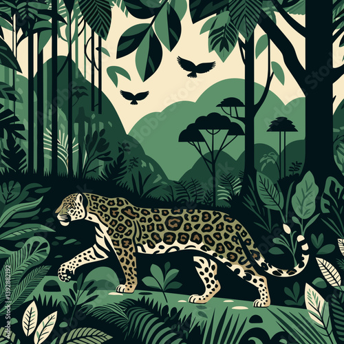 Jaguar walking through a dense jungle foliage  