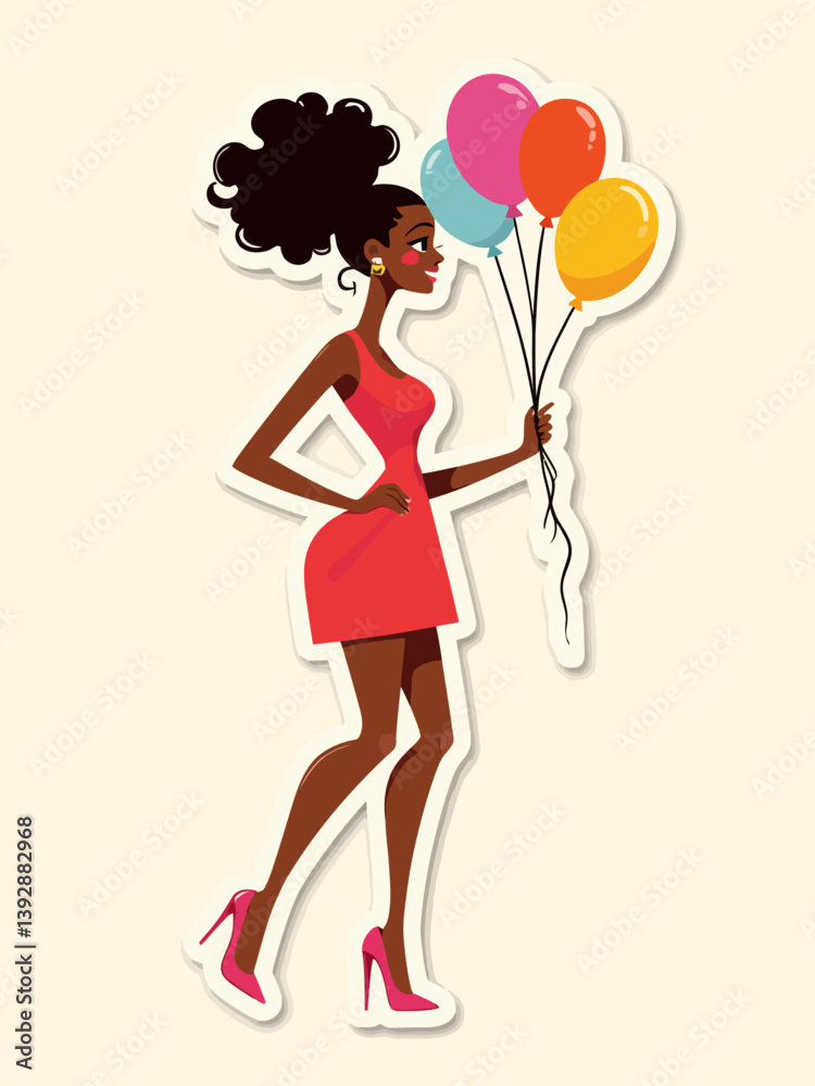 A woman Holding balloons Standing In designer heals A woman Holding balloons Standing In designer heals