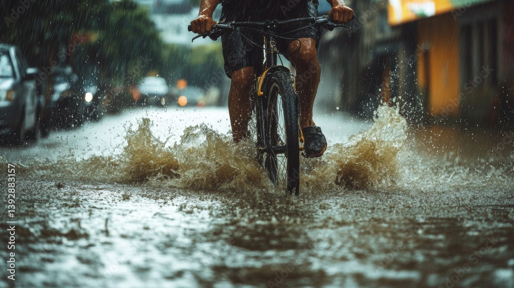 Man riding a bicycle in rapid flood water. Devastating scene of flood disaster. Global climate change.