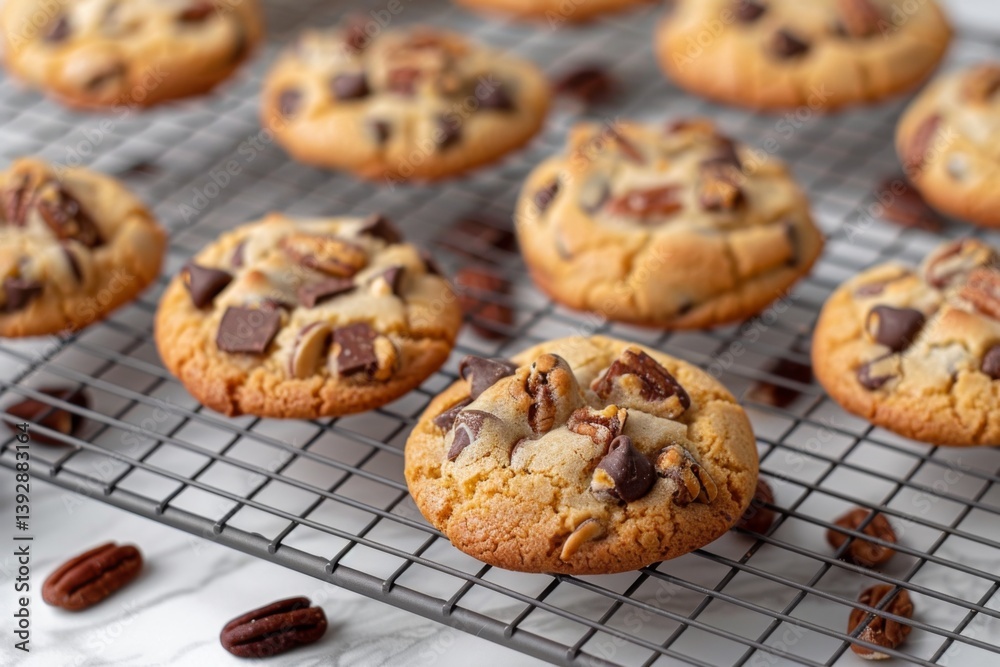 Deliciously baked cookies golden brown treats with chocolate chips and nuts awaiting indulgence Deliciously baked cookies golden brown treats with chocolate chips and nuts awaiting indulgence