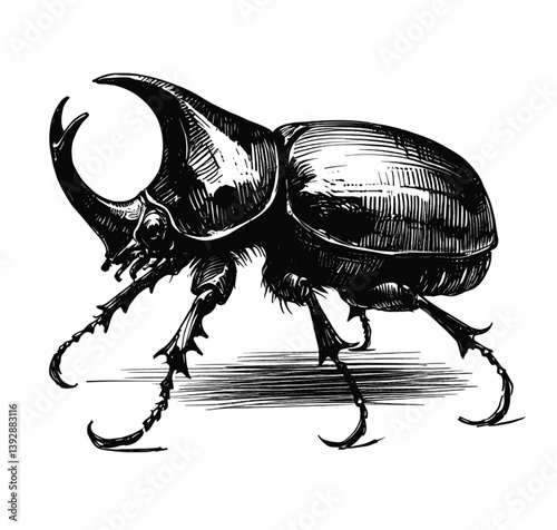 Rhinoceros Beetle line art drawing ink sketch vector hand drawn illustration background