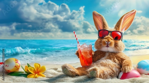 Cool Easter bunny on vacation on the beach with a cocktail.