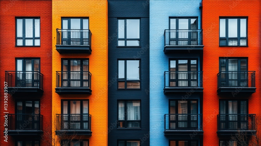 Fototapeta premium Colorful apartment building facade with balconies and windows.